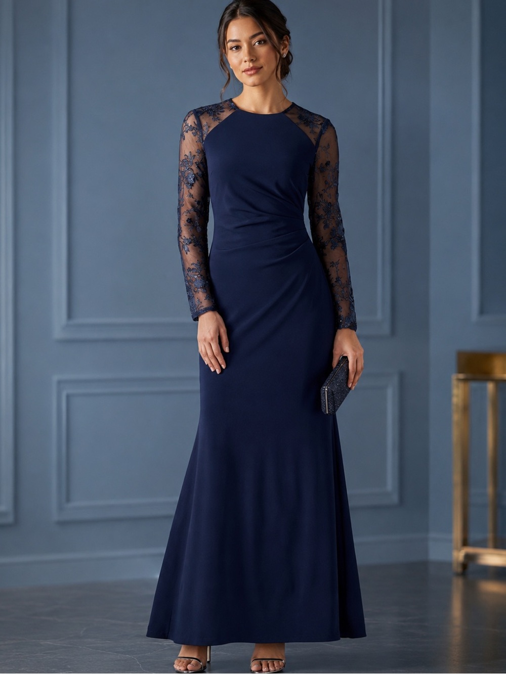 Eliza J Sequin Embroidered Long Sleeve Gown Navy
